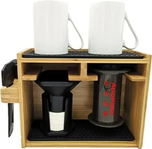 HEXNUB Bamboo Organizer for AeroPress, Caddy Station Holds Pour Over Accessories with Silicone Dripper Mat
